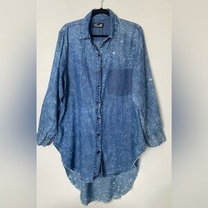 Thrill Jeans Women's Denim 3X Oversized Shirt High-Low Raw Hem Long Sleeve